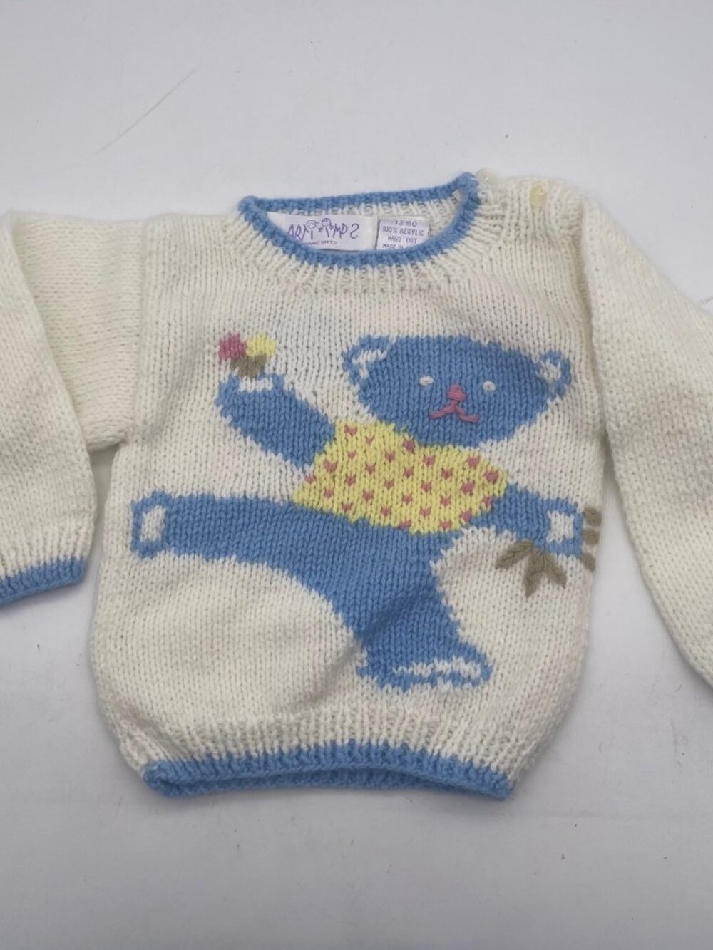 Vintage 80s Hand Knit Unisex Pullover Sweater 12 Months Blue Bear Balloons Y
